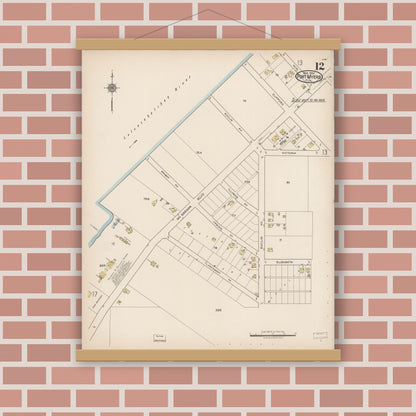 Old map wall art mockup — magnetic wood frame on brick wall — Sanborn Fire Insurance Map from Fort Myers, Lee County, Florida (1922), Sheet #0012