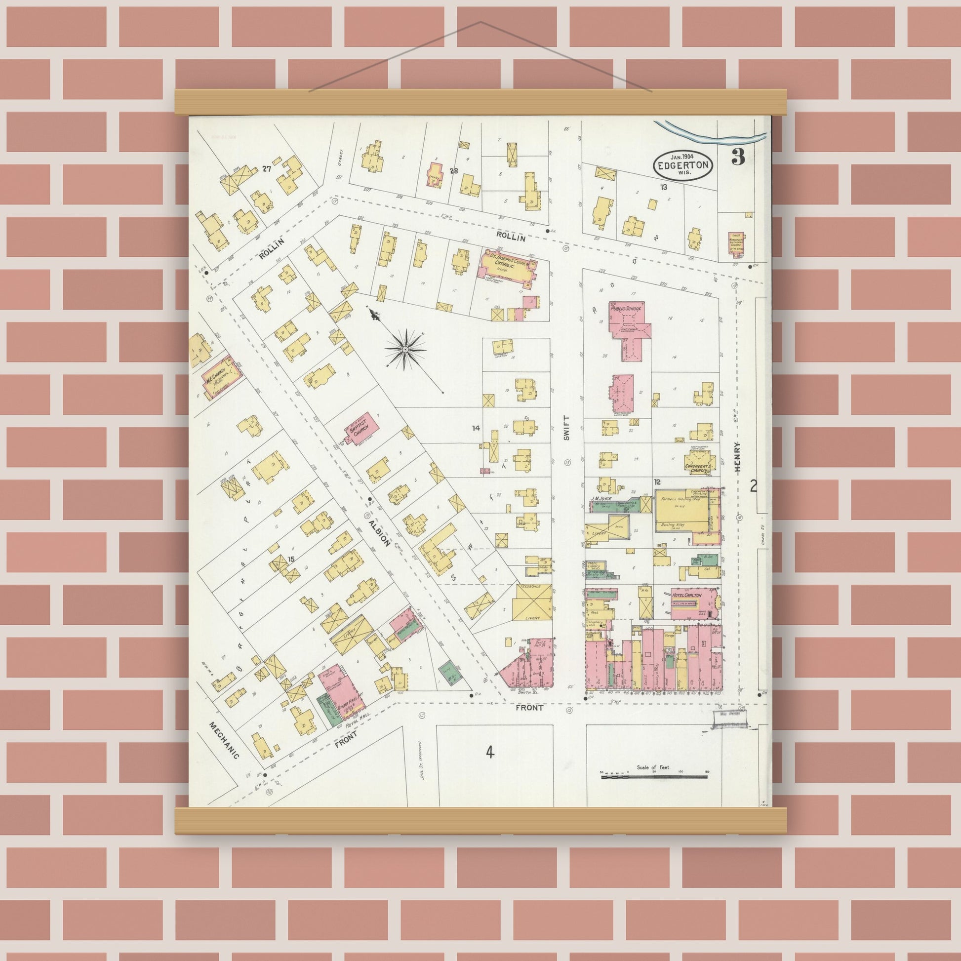 Old map wall art mockup — magnetic wood frame on brick wall — Sanborn Fire Insurance Map from Edgerton, Rock County, Wisconsin (1904), Sheet #0003