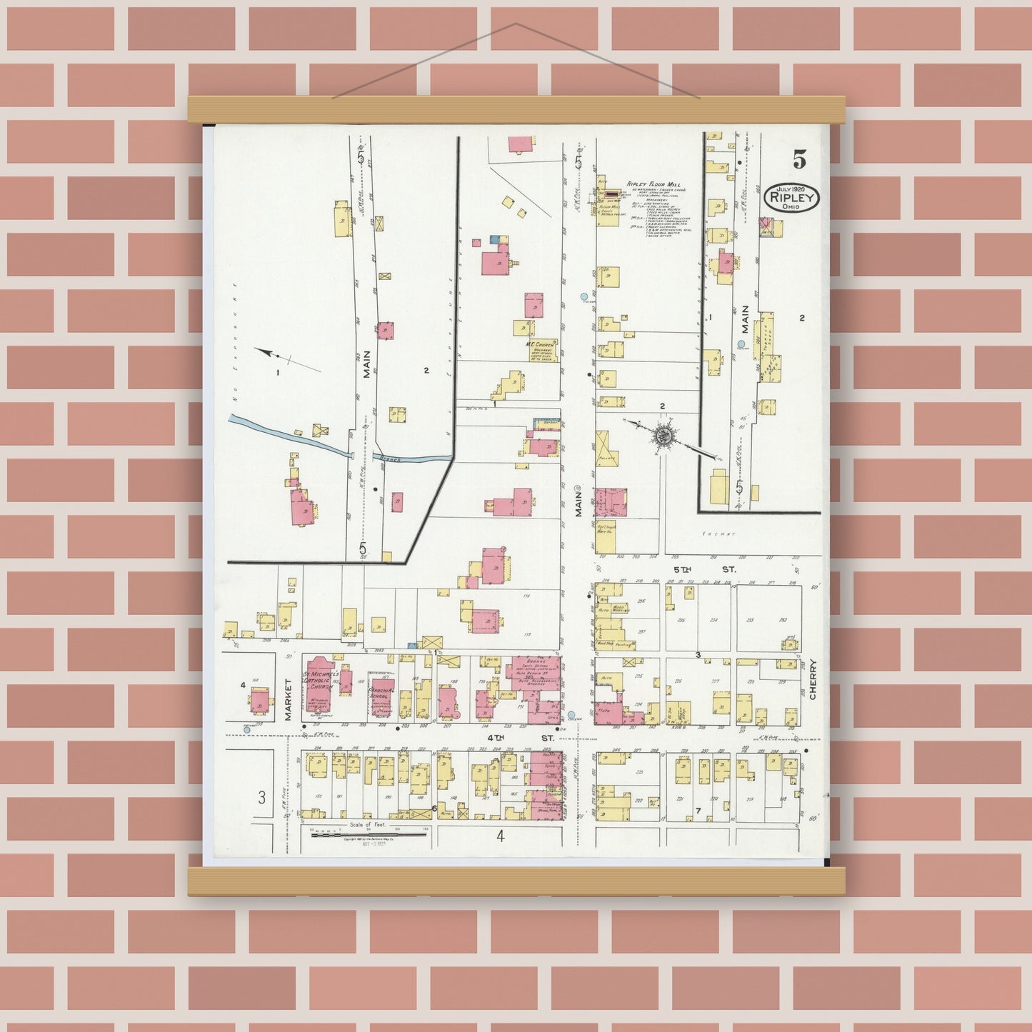 Old map wall art mockup — magnetic wood frame on brick wall — Sanborn Fire Insurance Map from Ripley, Brown County, Ohio (1920), Sheet #0005