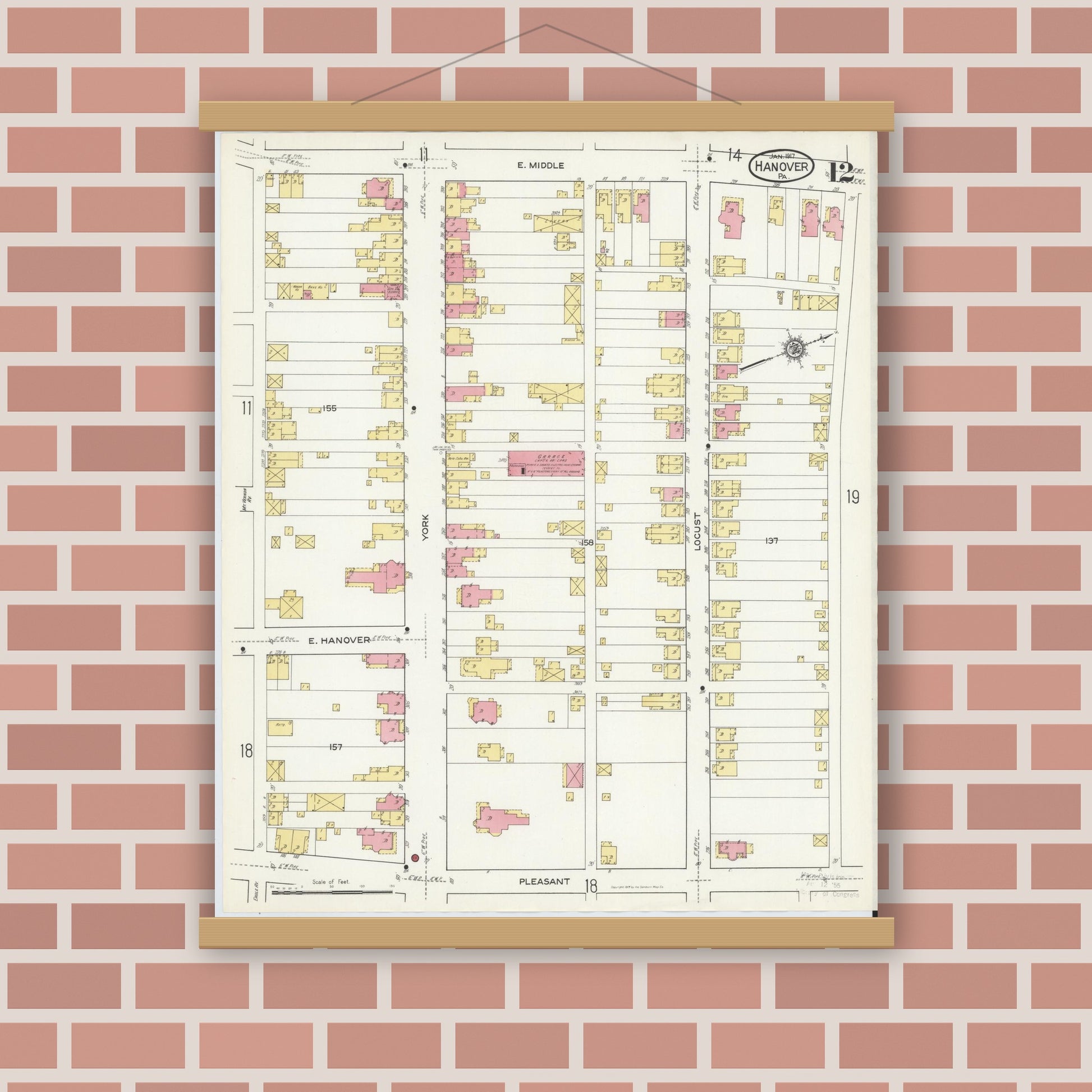 Old map wall art mockup — magnetic wood frame on brick wall — Sanborn Fire Insurance Map from Hanover, York County, Pennsylvania (1917), Sheet #0012