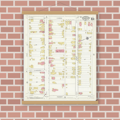 Old map wall art mockup — magnetic wood frame on brick wall — Sanborn Fire Insurance Map from Hanover, York County, Pennsylvania (1917), Sheet #0012