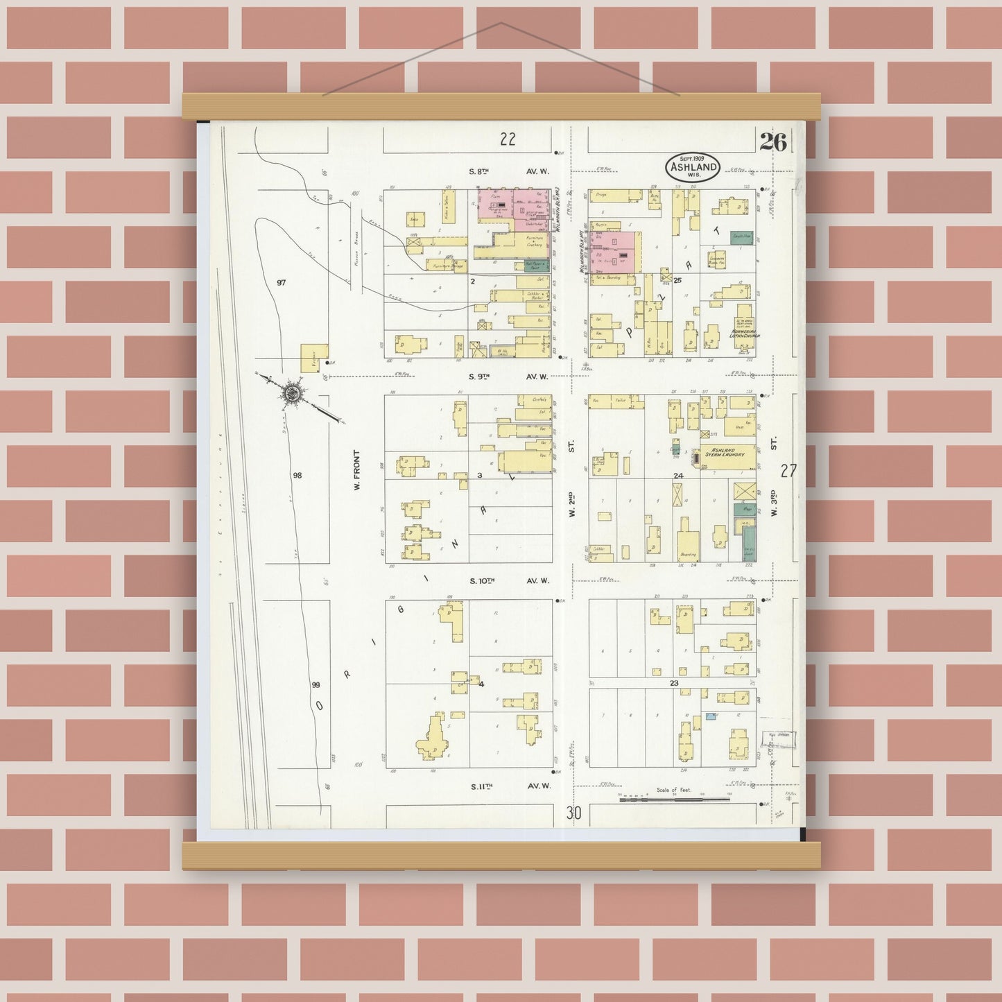 Old map wall art mockup — magnetic wood frame on brick wall — Sanborn Fire Insurance Map from Ashland, Ashland County, Wisconsin (1909), Sheet #0026