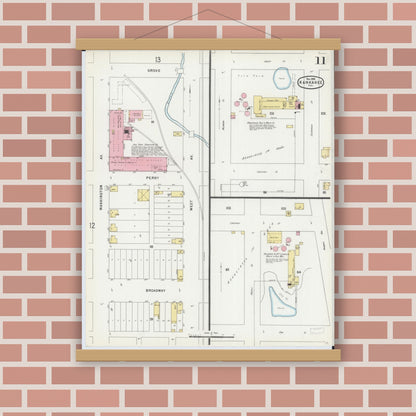 Old map wall art mockup — magnetic wood frame on brick wall — Sanborn Fire Insurance Map from Kankakee, Kankakee County, Illinois (1896), Sheet #0011