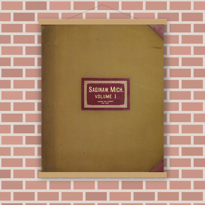 Old map wall art mockup — magnetic wood frame on brick wall — Sanborn Fire Insurance Map from Saginaw, Saginaw County, Michigan (1950), Sheet #0001