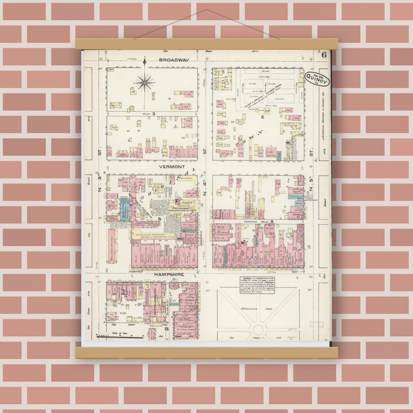 Old map wall art mockup — magnetic wood frame on brick wall — Sanborn Fire Insurance Map from Quincy, Adams County, Illinois (1883), Sheet #0006