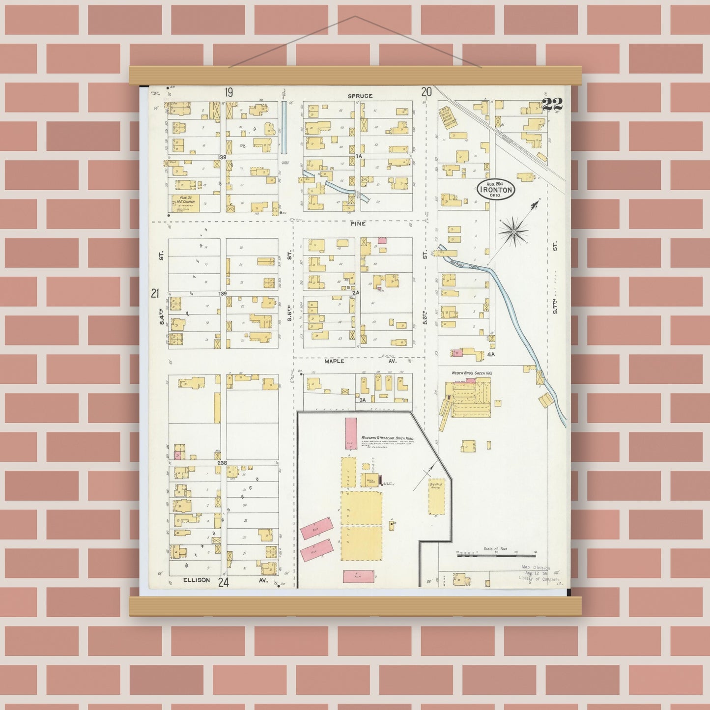 Old map wall art mockup — magnetic wood frame on brick wall — Sanborn Fire Insurance Map from Ironton, Lawrence County, Ohio (1904), Sheet #0022