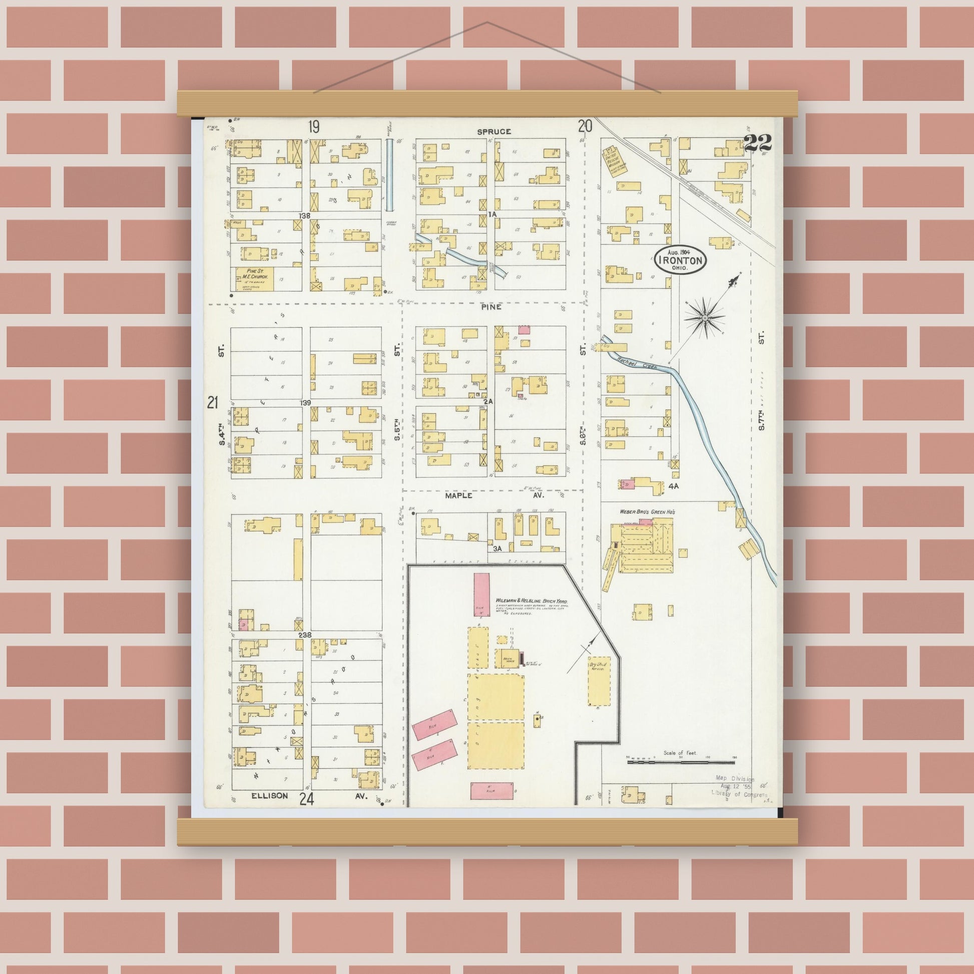 Old map wall art mockup — magnetic wood frame on brick wall — Sanborn Fire Insurance Map from Ironton, Lawrence County, Ohio (1904), Sheet #0022
