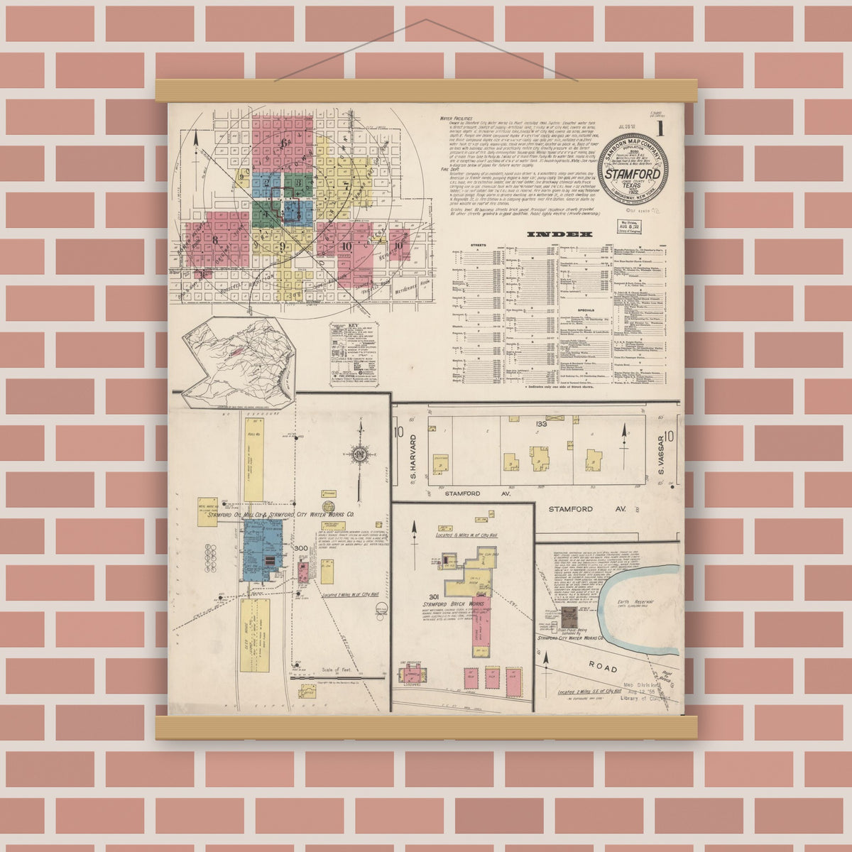 Old map wall art mockup — magnetic wood frame on brick wall — Sanborn Fire Insurance Map from Stamford, Jones County, Texas (1922) - Complete Map Set