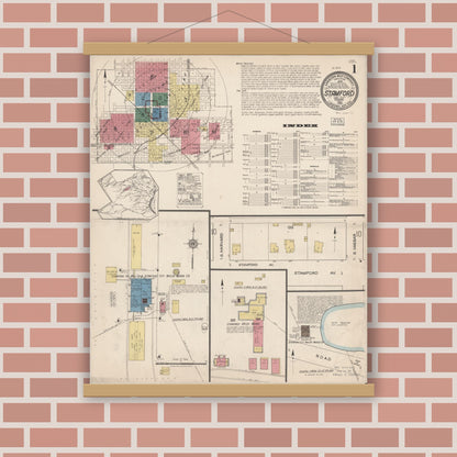 Old map wall art mockup — magnetic wood frame on brick wall — Sanborn Fire Insurance Map from Stamford, Jones County, Texas (1922) - Complete Map Set