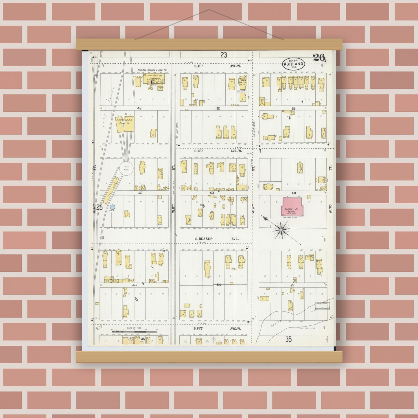 Old map wall art mockup — magnetic wood frame on brick wall — Sanborn Fire Insurance Map from Ashland, Ashland County, Wisconsin (1901), Sheet #0026