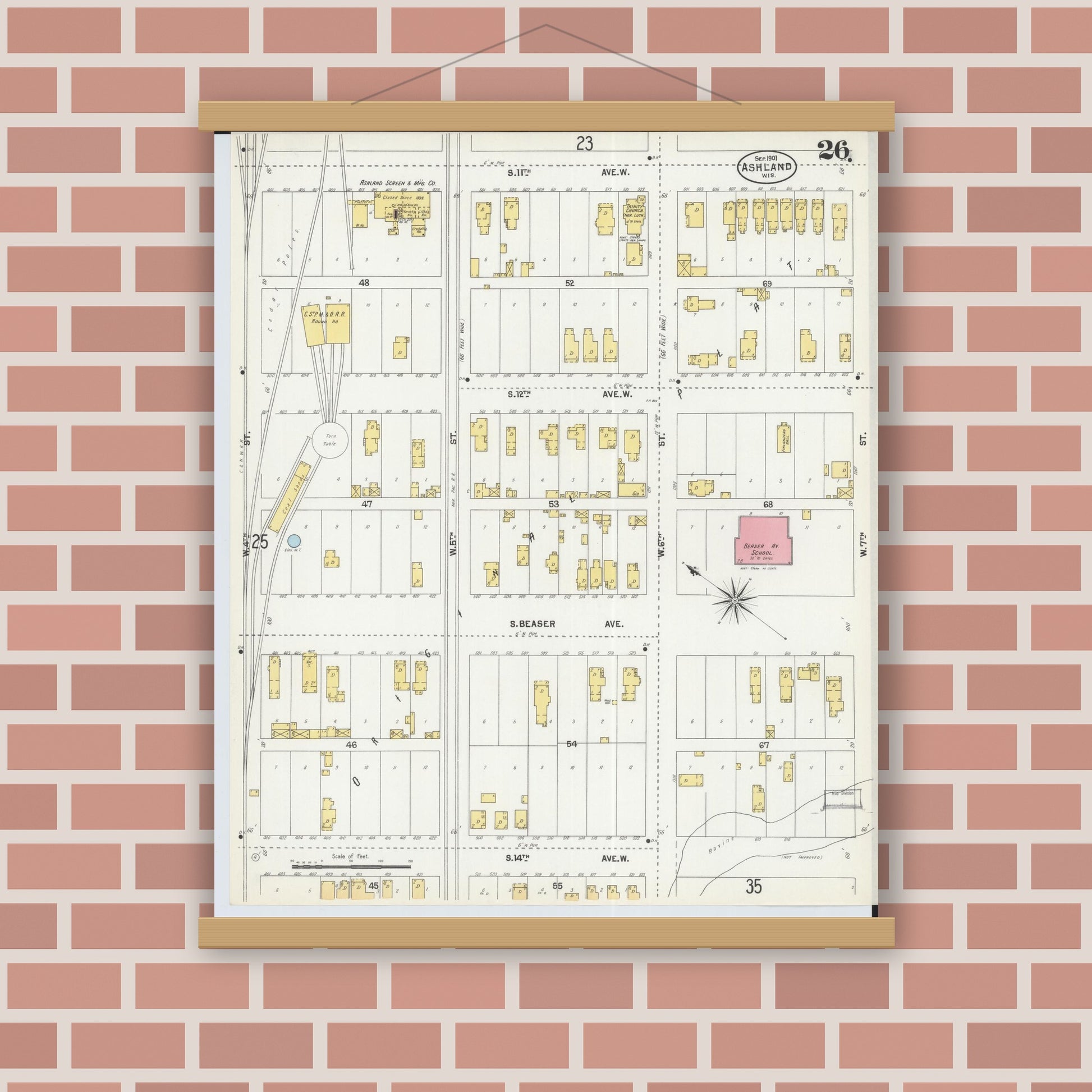 Old map wall art mockup — magnetic wood frame on brick wall — Sanborn Fire Insurance Map from Ashland, Ashland County, Wisconsin (1901), Sheet #0026