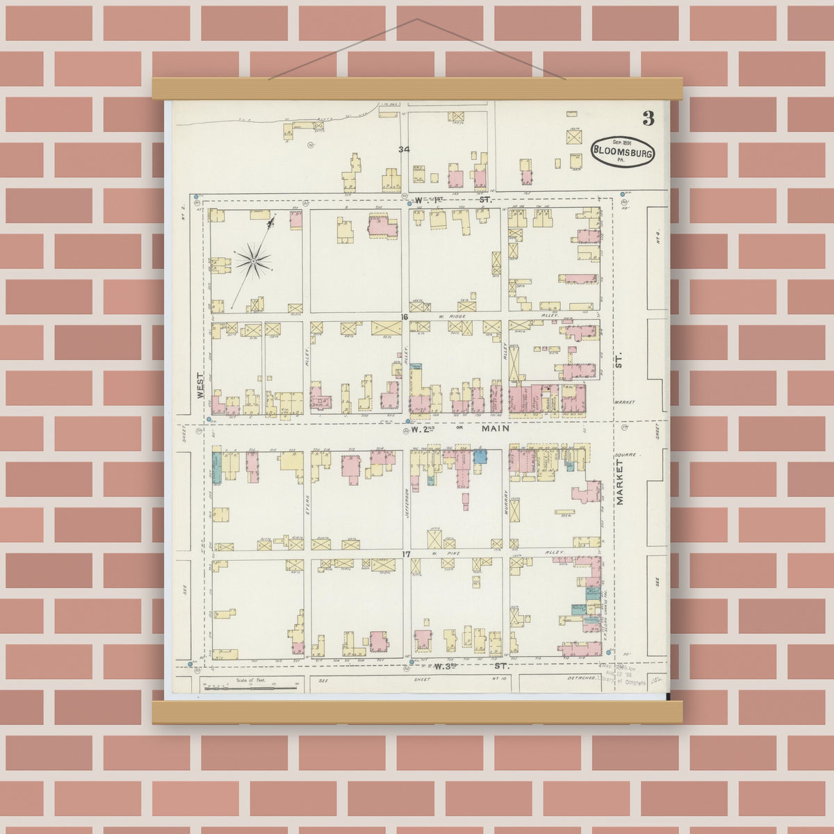 Old map wall art mockup — magnetic wood frame on brick wall — Sanborn Fire Insurance Map from Bloomsburg, Columbia County, Pennsylvania (1891), Sheet #0003