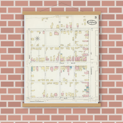 Old map wall art mockup — magnetic wood frame on brick wall — Sanborn Fire Insurance Map from Bloomsburg, Columbia County, Pennsylvania (1891), Sheet #0003