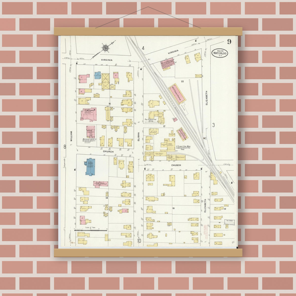Old map wall art mockup — magnetic wood frame on brick wall — Sanborn Fire Insurance Map from Waterloo, Seneca County, New York (1911), Sheet #0009