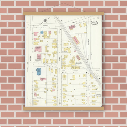 Old map wall art mockup — magnetic wood frame on brick wall — Sanborn Fire Insurance Map from Waterloo, Seneca County, New York (1911), Sheet #0009