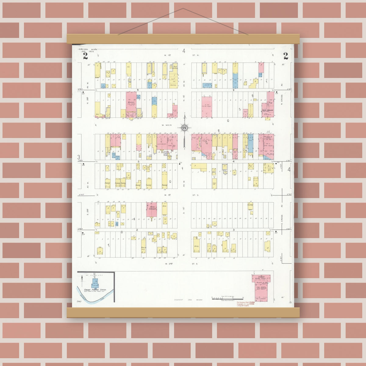 Old map wall art mockup — magnetic wood frame on brick wall — Sanborn Fire Insurance Map from Crosby, Crow Wing County, Minnesota (1935), Sheet #0002
