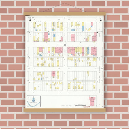 Old map wall art mockup — magnetic wood frame on brick wall — Sanborn Fire Insurance Map from Crosby, Crow Wing County, Minnesota (1935), Sheet #0002