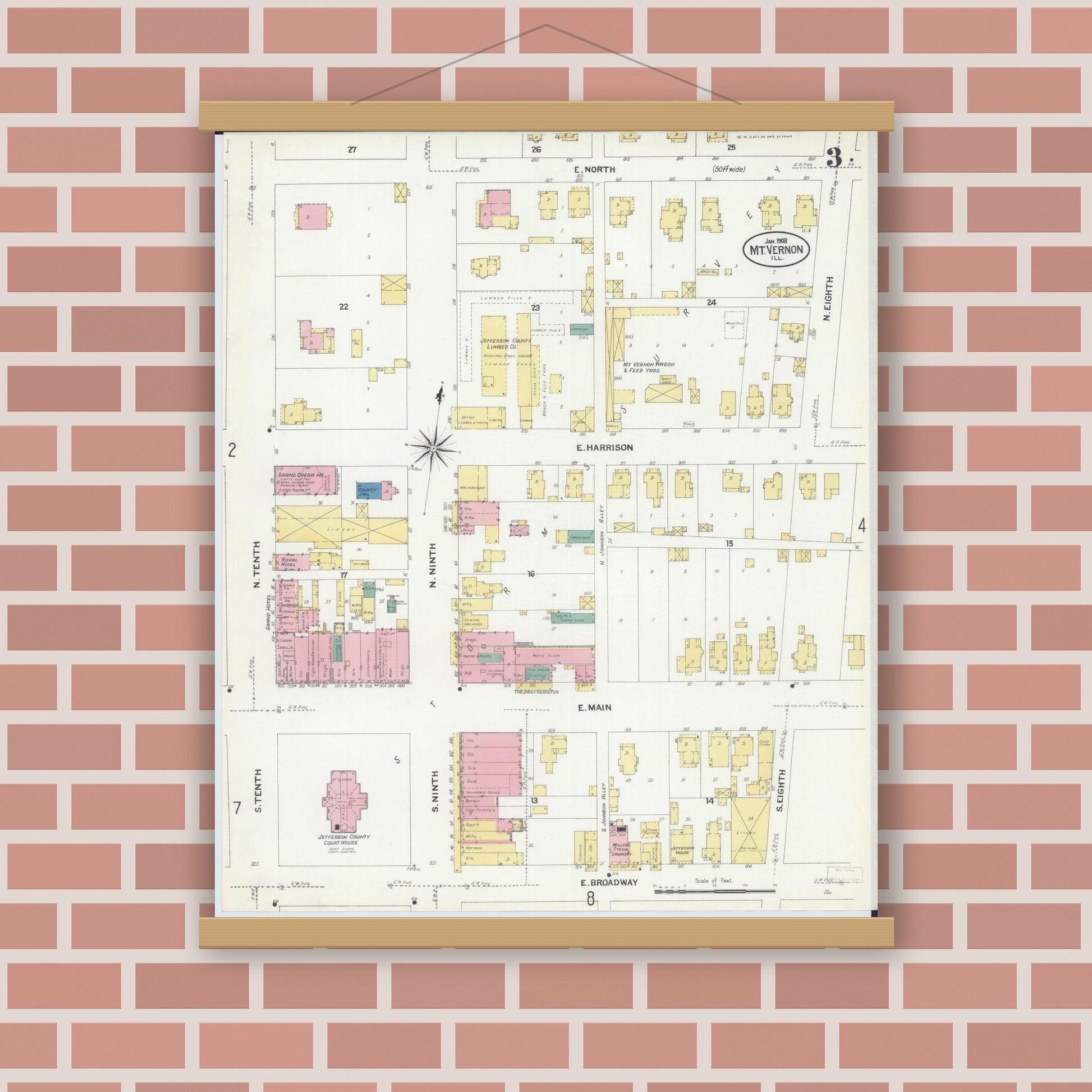 Old map wall art mockup — magnetic wood frame on brick wall — Sanborn Fire Insurance Map from Mount Vernon, Jefferson County, Illinois (1908), Sheet #0003