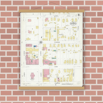 Old map wall art mockup — magnetic wood frame on brick wall — Sanborn Fire Insurance Map from Mount Vernon, Jefferson County, Illinois (1908), Sheet #0003