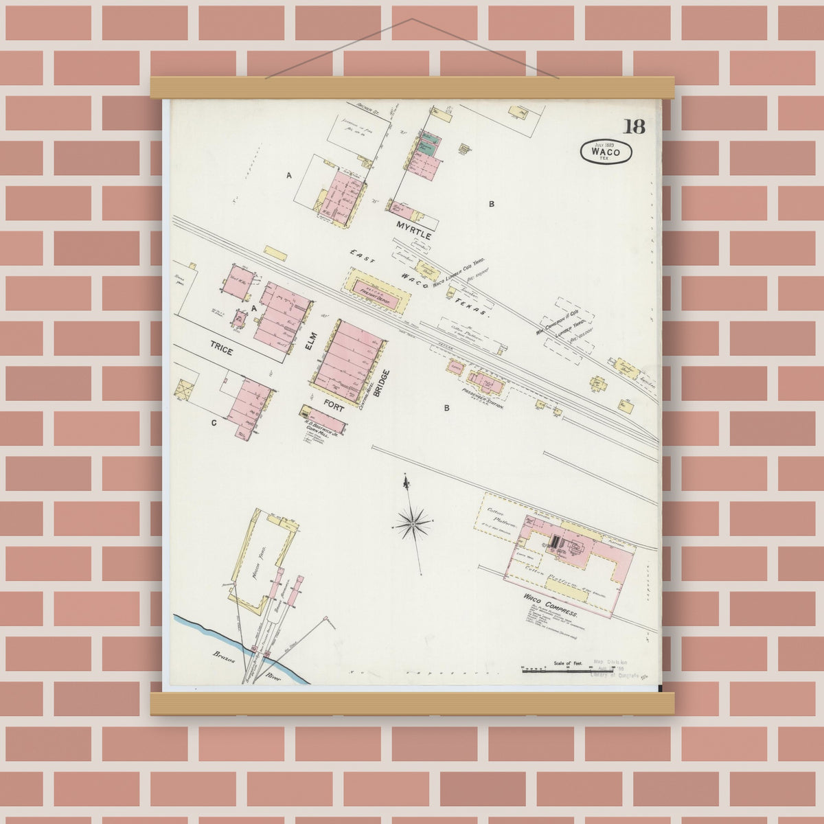 Old map wall art mockup — magnetic wood frame on brick wall — Sanborn Fire Insurance Map from Waco, McLennan County, Texas (1889), Sheet #0018