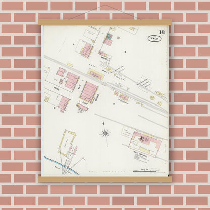 Old map wall art mockup — magnetic wood frame on brick wall — Sanborn Fire Insurance Map from Waco, McLennan County, Texas (1889), Sheet #0018