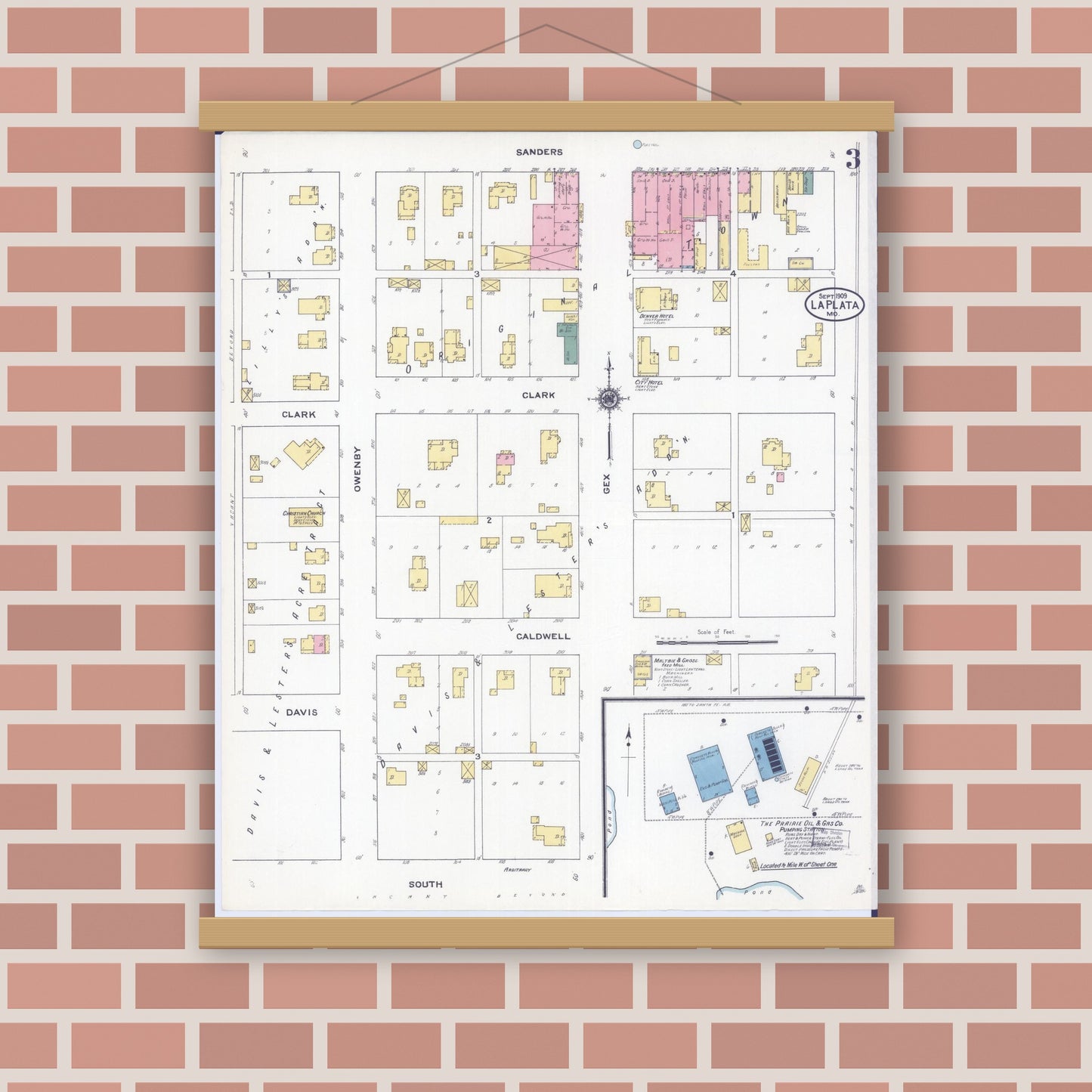 Old map wall art mockup — magnetic wood frame on brick wall — Sanborn Fire Insurance Map from La Plata, Macon County, Missouri (1909), Sheet #0003