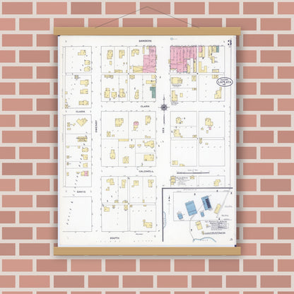 Old map wall art mockup — magnetic wood frame on brick wall — Sanborn Fire Insurance Map from La Plata, Macon County, Missouri (1909), Sheet #0003