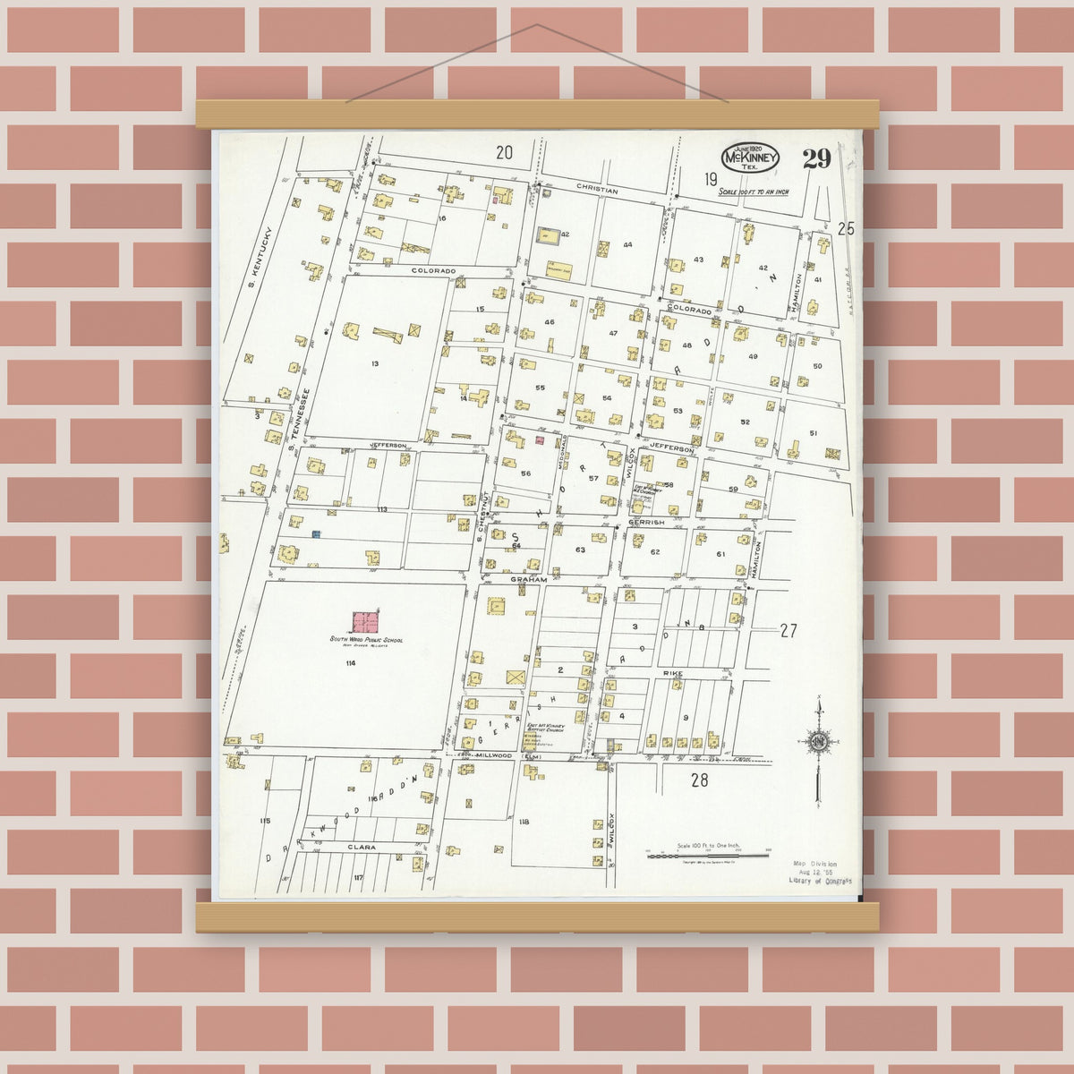 Old map wall art mockup — magnetic wood frame on brick wall — Sanborn Fire Insurance Map from McKinney, Collin County, Texas (1920), Sheet #0029
