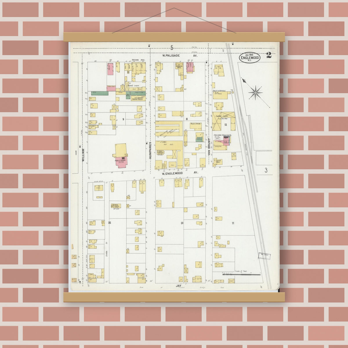 Old map wall art mockup — magnetic wood frame on brick wall — Sanborn Fire Insurance Map from Englewood, Bergen County, New Jersey (1902), Sheet #0002