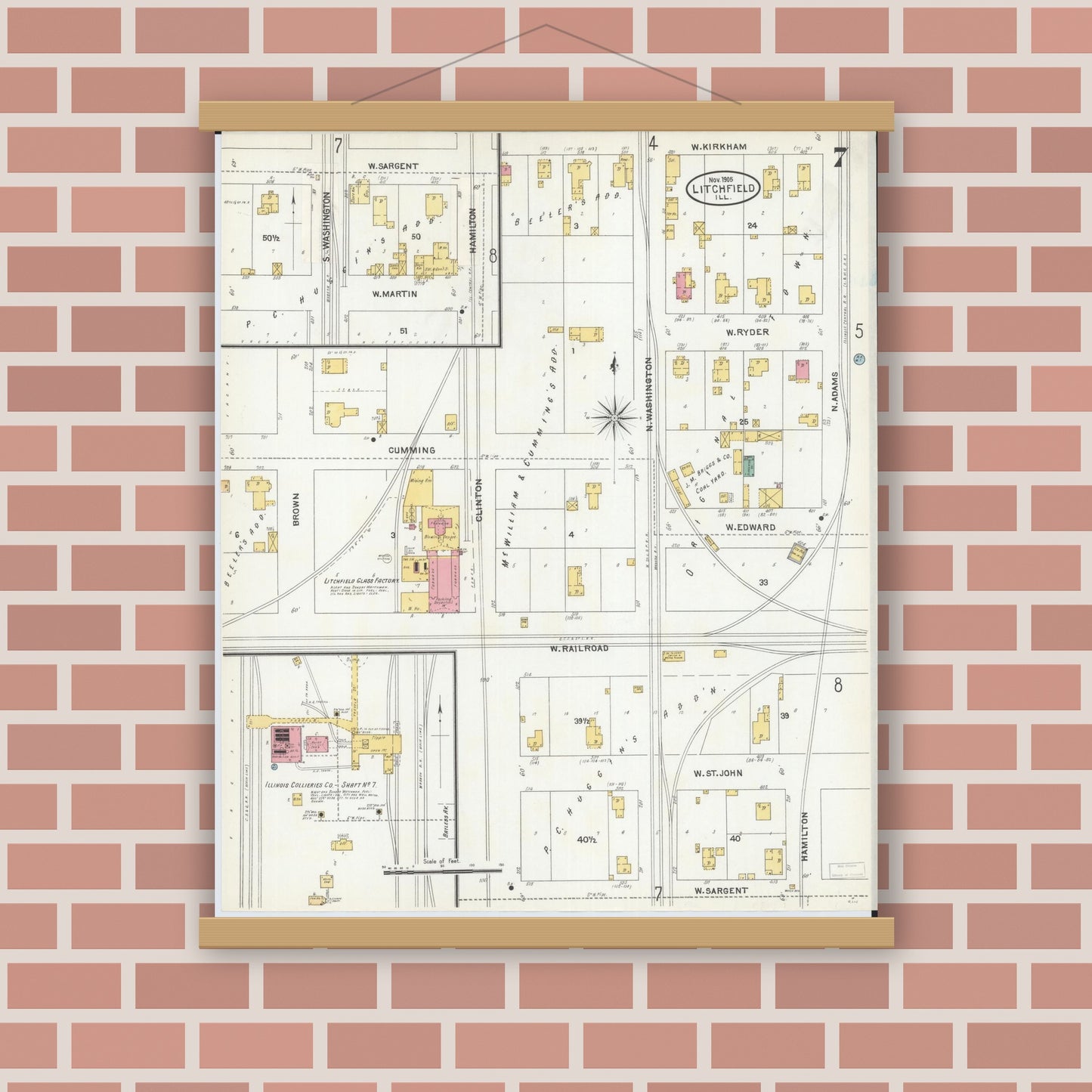 Old map wall art mockup — magnetic wood frame on brick wall — Sanborn Fire Insurance Map from Litchfield, Montgomery County, Illinois (1905), Sheet #0007