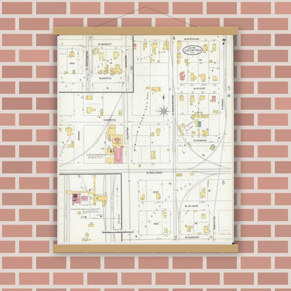 Old map wall art mockup — magnetic wood frame on brick wall — Sanborn Fire Insurance Map from Litchfield, Montgomery County, Illinois (1905), Sheet #0007