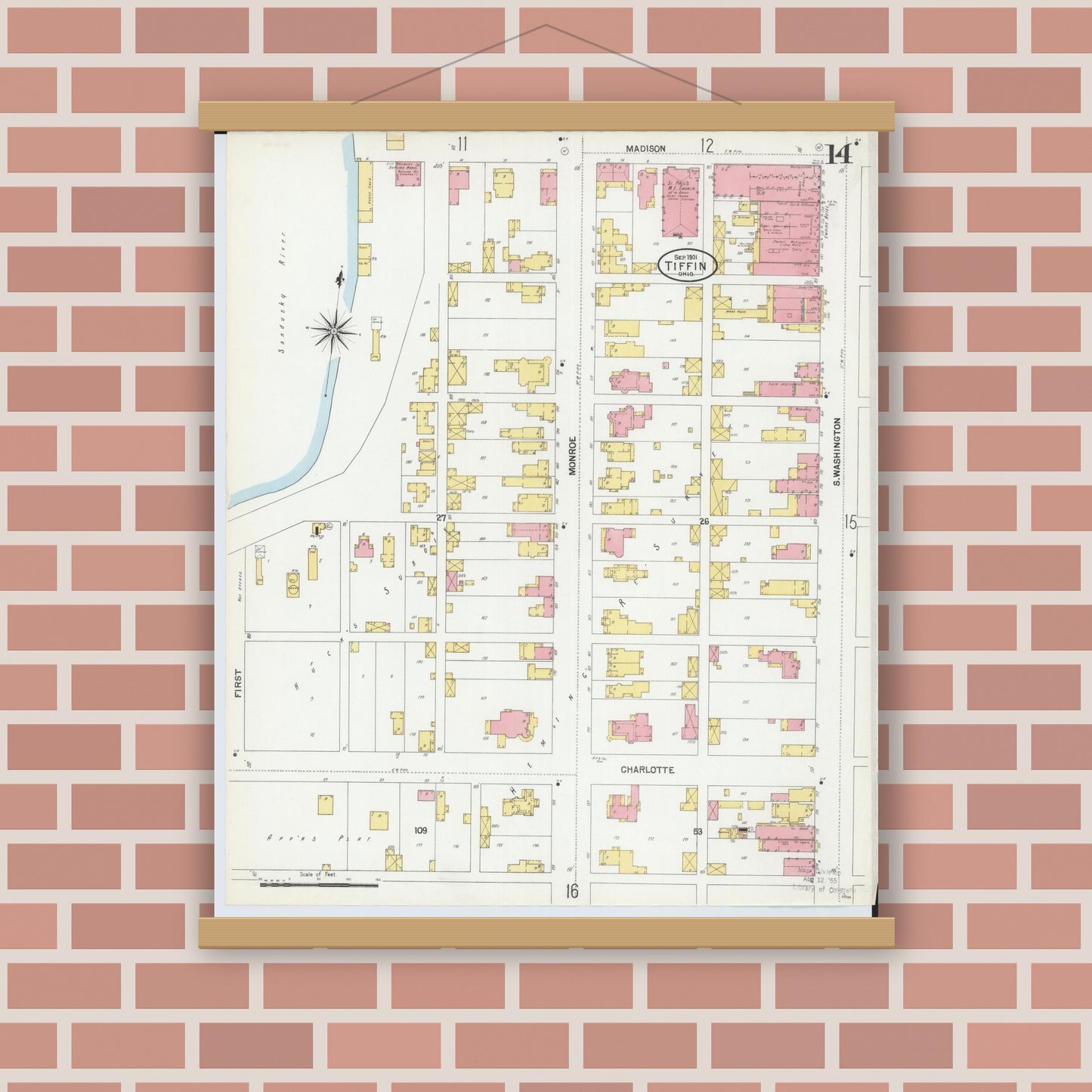 Old map wall art mockup — magnetic wood frame on brick wall — Sanborn Fire Insurance Map from Tiffin, Seneca County, Ohio (1901), Sheet #0014