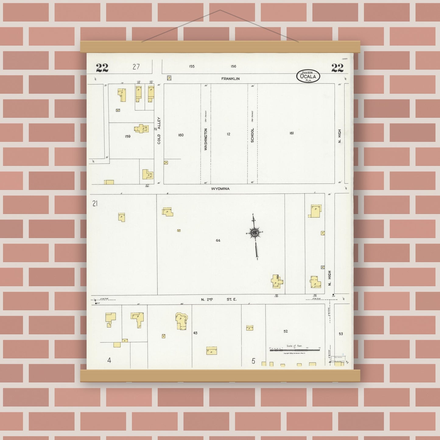 Old map wall art mockup — magnetic wood frame on brick wall — Sanborn Fire Insurance Map from Ocala, Marion County, Florida (1924), Sheet #0022