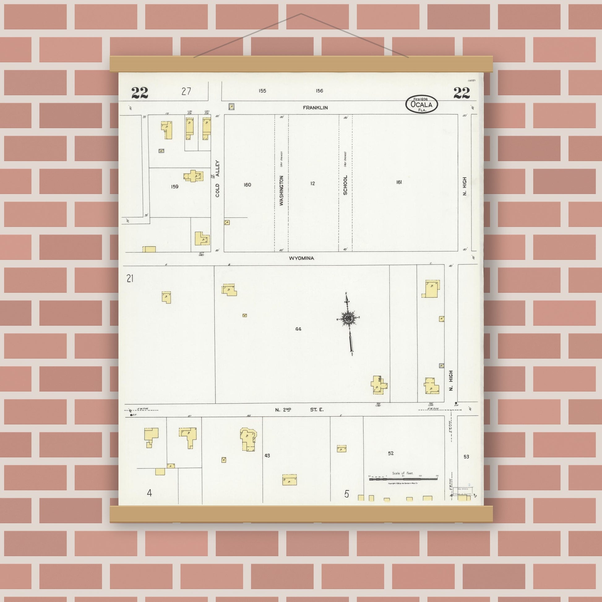 Old map wall art mockup — magnetic wood frame on brick wall — Sanborn Fire Insurance Map from Ocala, Marion County, Florida (1924), Sheet #0022