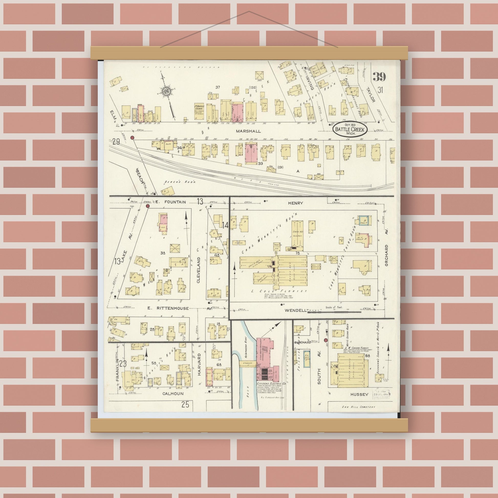 Old map wall art mockup — magnetic wood frame on brick wall — Sanborn Fire Insurance Map from Battle Creek, Calhoun County, Michigan (1913), Sheet #0039
