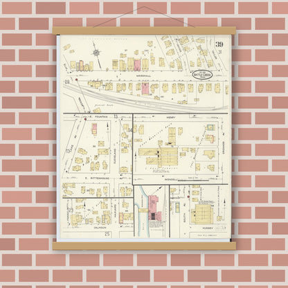 Old map wall art mockup — magnetic wood frame on brick wall — Sanborn Fire Insurance Map from Battle Creek, Calhoun County, Michigan (1913), Sheet #0039