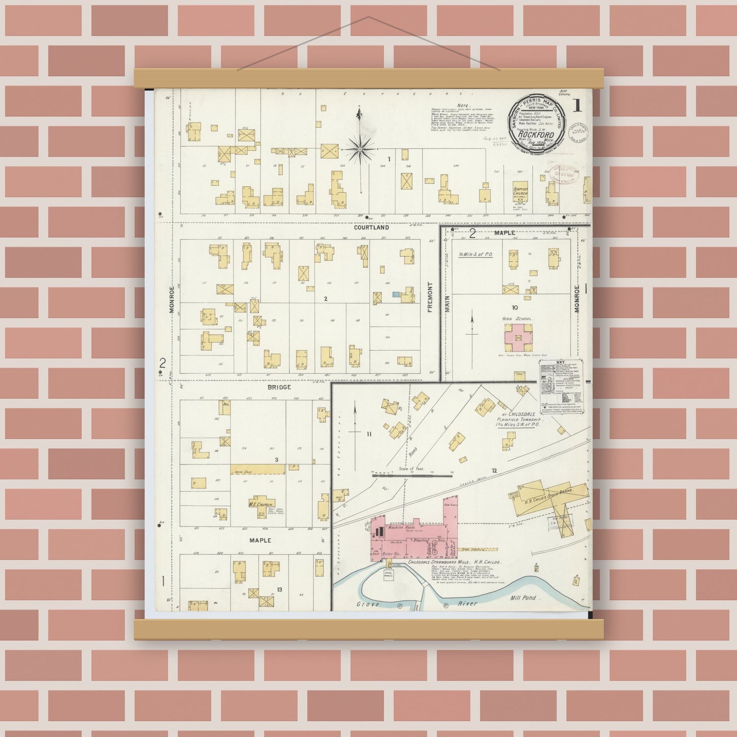 Old map wall art mockup — magnetic wood frame on brick wall — Sanborn Fire Insurance Map from Rockford, Kent County, Michigan (1899) - Complete Map Set