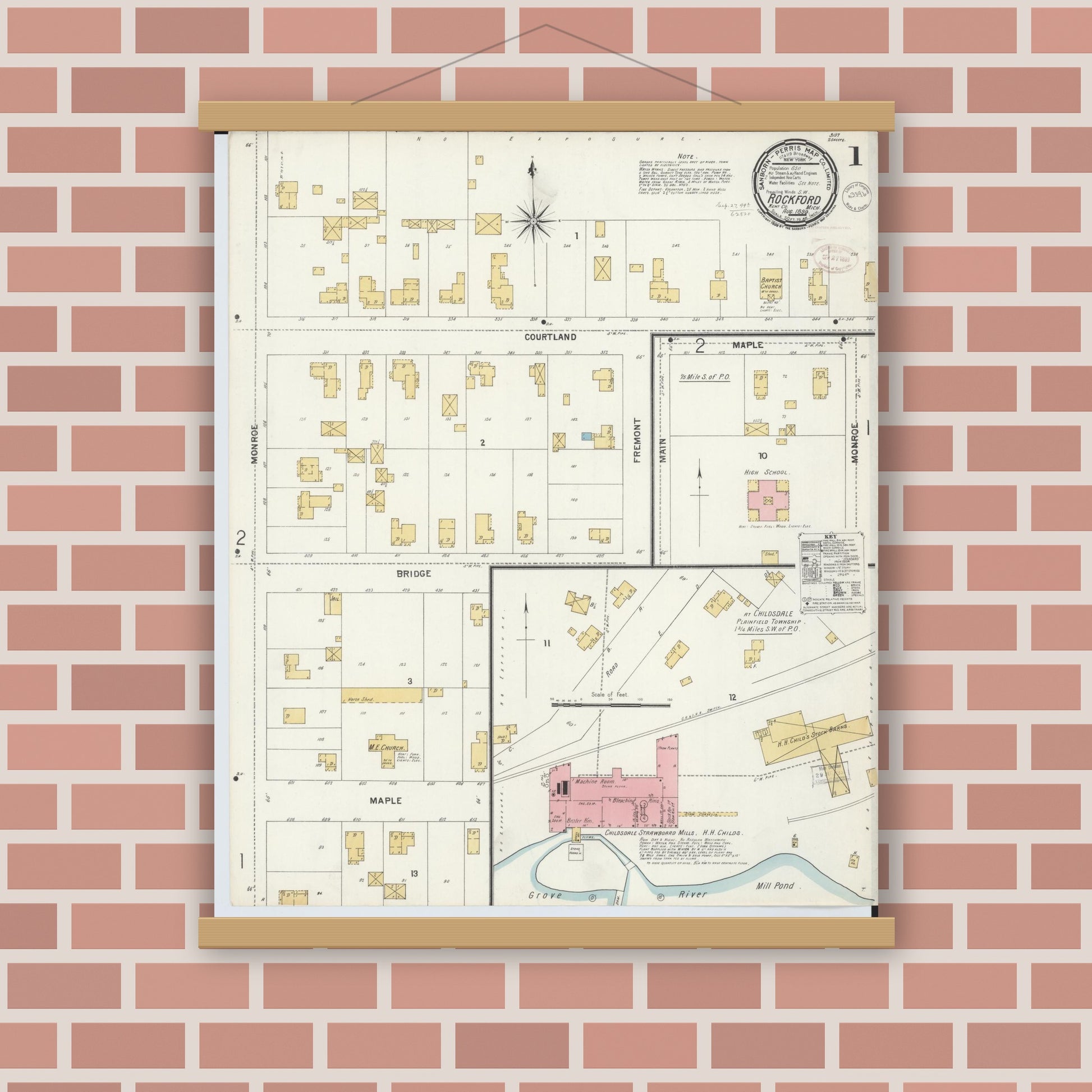 Old map wall art mockup — magnetic wood frame on brick wall — Sanborn Fire Insurance Map from Rockford, Kent County, Michigan (1899) - Complete Map Set