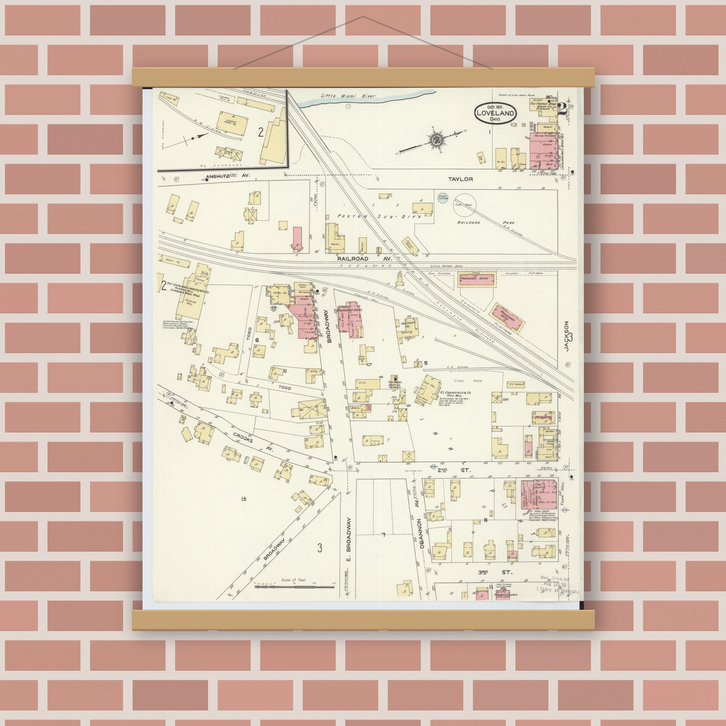 Old map wall art mockup — magnetic wood frame on brick wall — Sanborn Fire Insurance Map from Loveland, Clermont, Hamilton, And Warren County, Ohio (1911), Sheet #0002