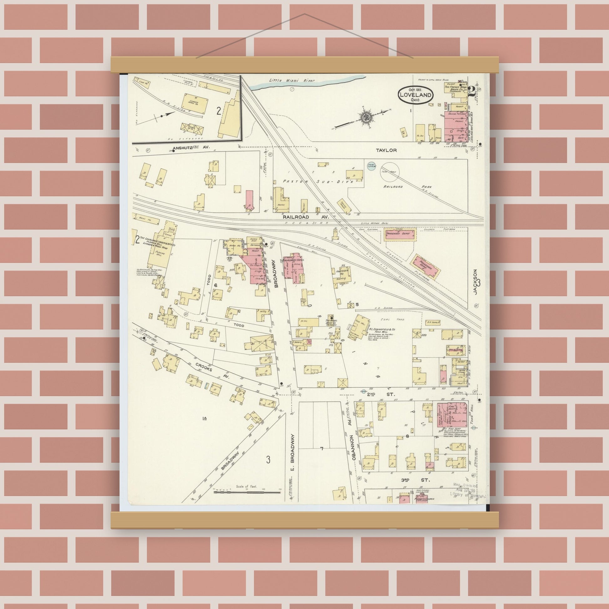 Old map wall art mockup — magnetic wood frame on brick wall — Sanborn Fire Insurance Map from Loveland, Clermont, Hamilton, And Warren County, Ohio (1911), Sheet #0002