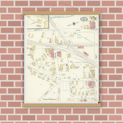 Old map wall art mockup — magnetic wood frame on brick wall — Sanborn Fire Insurance Map from Loveland, Clermont, Hamilton, And Warren County, Ohio (1911), Sheet #0002