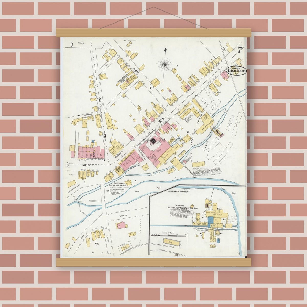 Old map wall art mockup — magnetic wood frame on brick wall — Sanborn Fire Insurance Map from Stroudsburg, Monroe County, Pennsylvania (1905), Sheet #0007