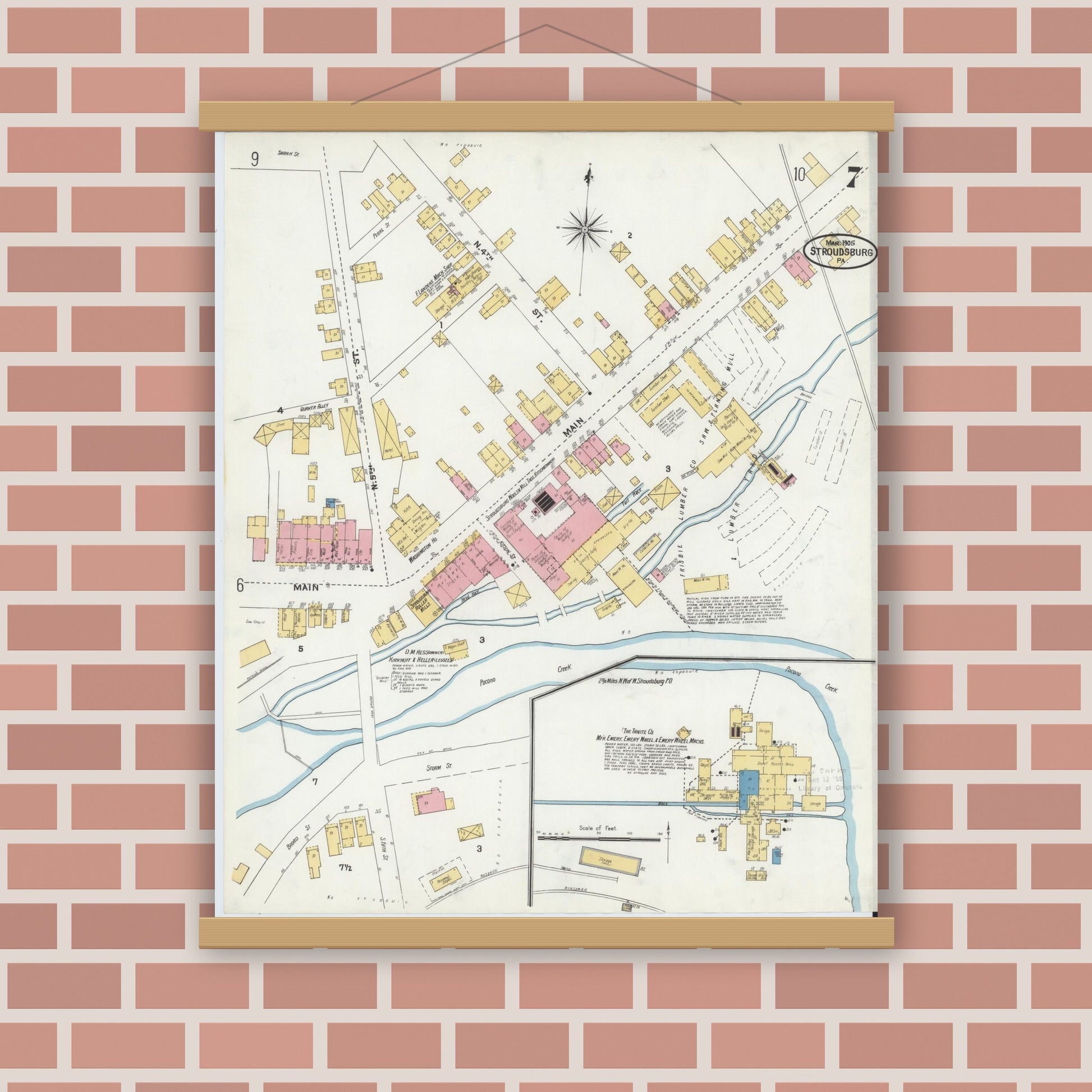 Old map wall art mockup — magnetic wood frame on brick wall — Sanborn Fire Insurance Map from Stroudsburg, Monroe County, Pennsylvania (1905), Sheet #0007