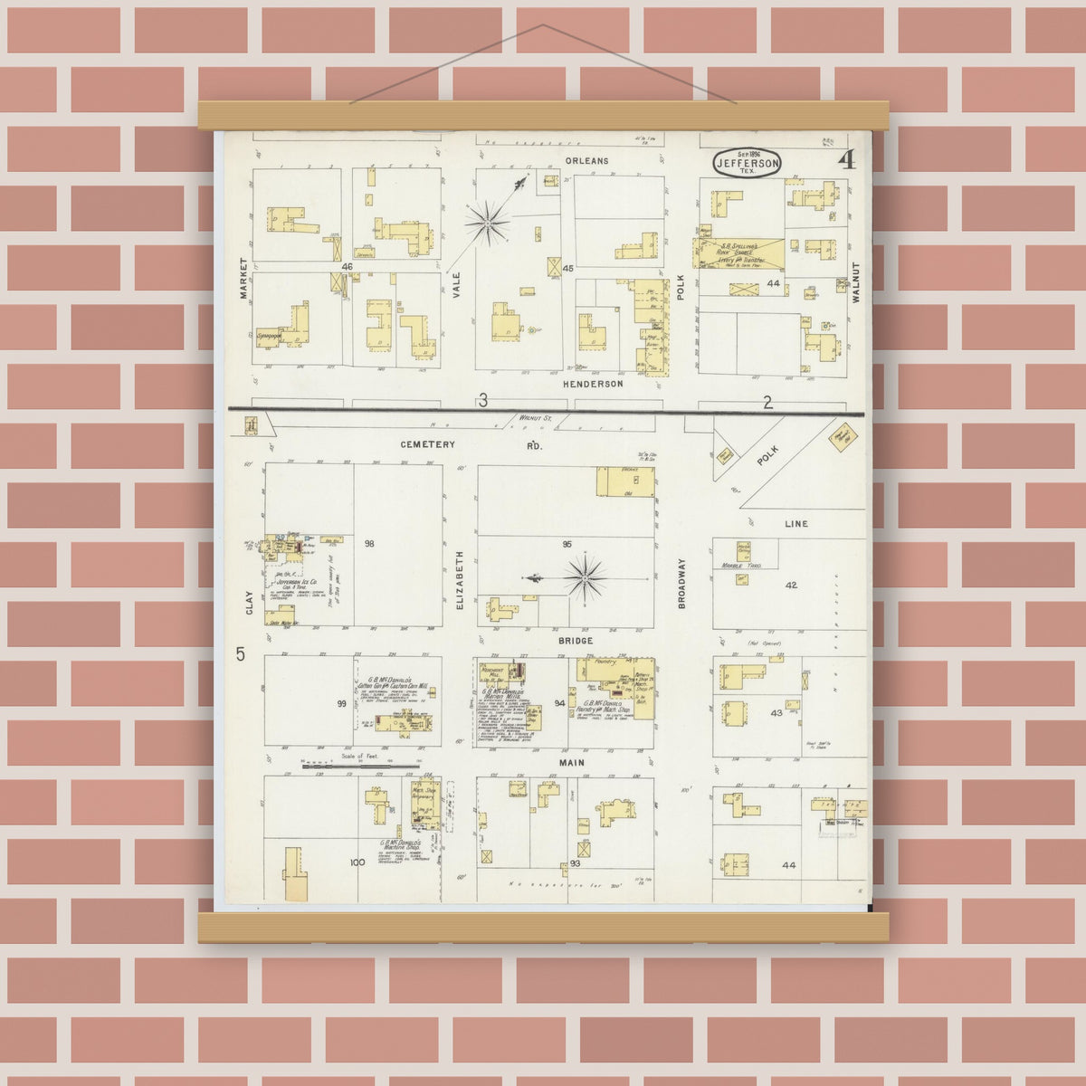 Old map wall art mockup — magnetic wood frame on brick wall — Sanborn Fire Insurance Map from Jefferson, Marion County, Texas (1896), Sheet #0004