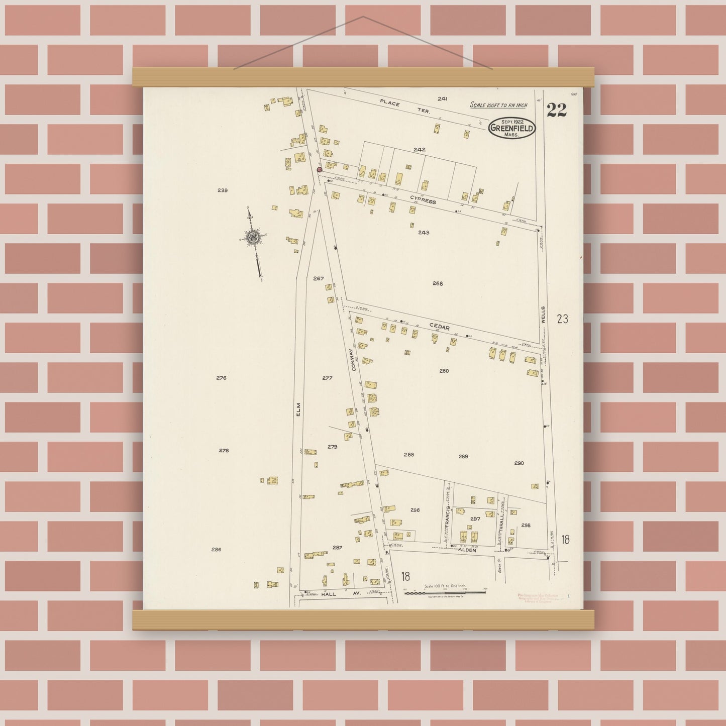 Old map wall art mockup — magnetic wood frame on brick wall — Sanborn Fire Insurance Map from Greenfield, Franklin County, Massachusetts (1922), Sheet #0022