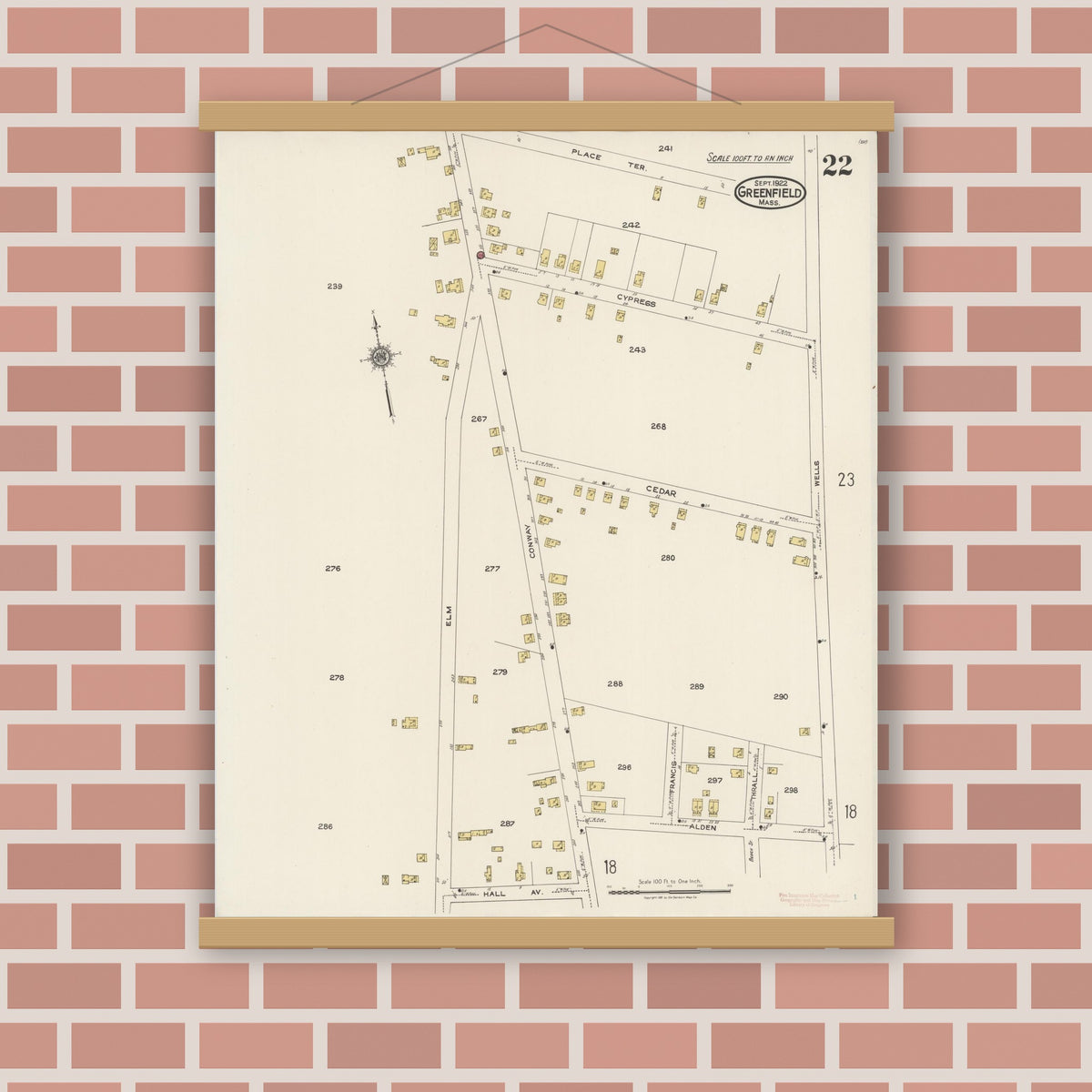 Old map wall art mockup — magnetic wood frame on brick wall — Sanborn Fire Insurance Map from Greenfield, Franklin County, Massachusetts (1922), Sheet #0022