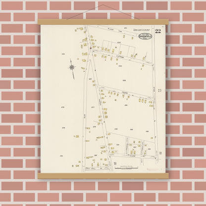Old map wall art mockup — magnetic wood frame on brick wall — Sanborn Fire Insurance Map from Greenfield, Franklin County, Massachusetts (1922), Sheet #0022