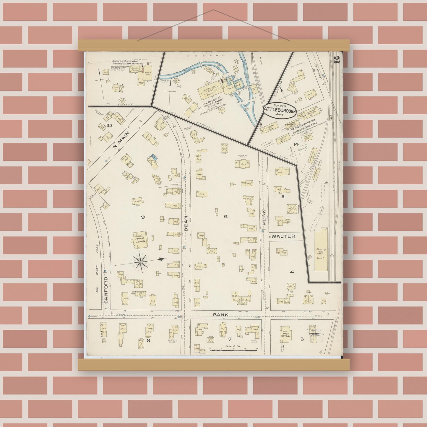 Old map wall art mockup — magnetic wood frame on brick wall — Sanborn Fire Insurance Map from Attleboro, Bristol County, Massachusetts (1885), Sheet #0002