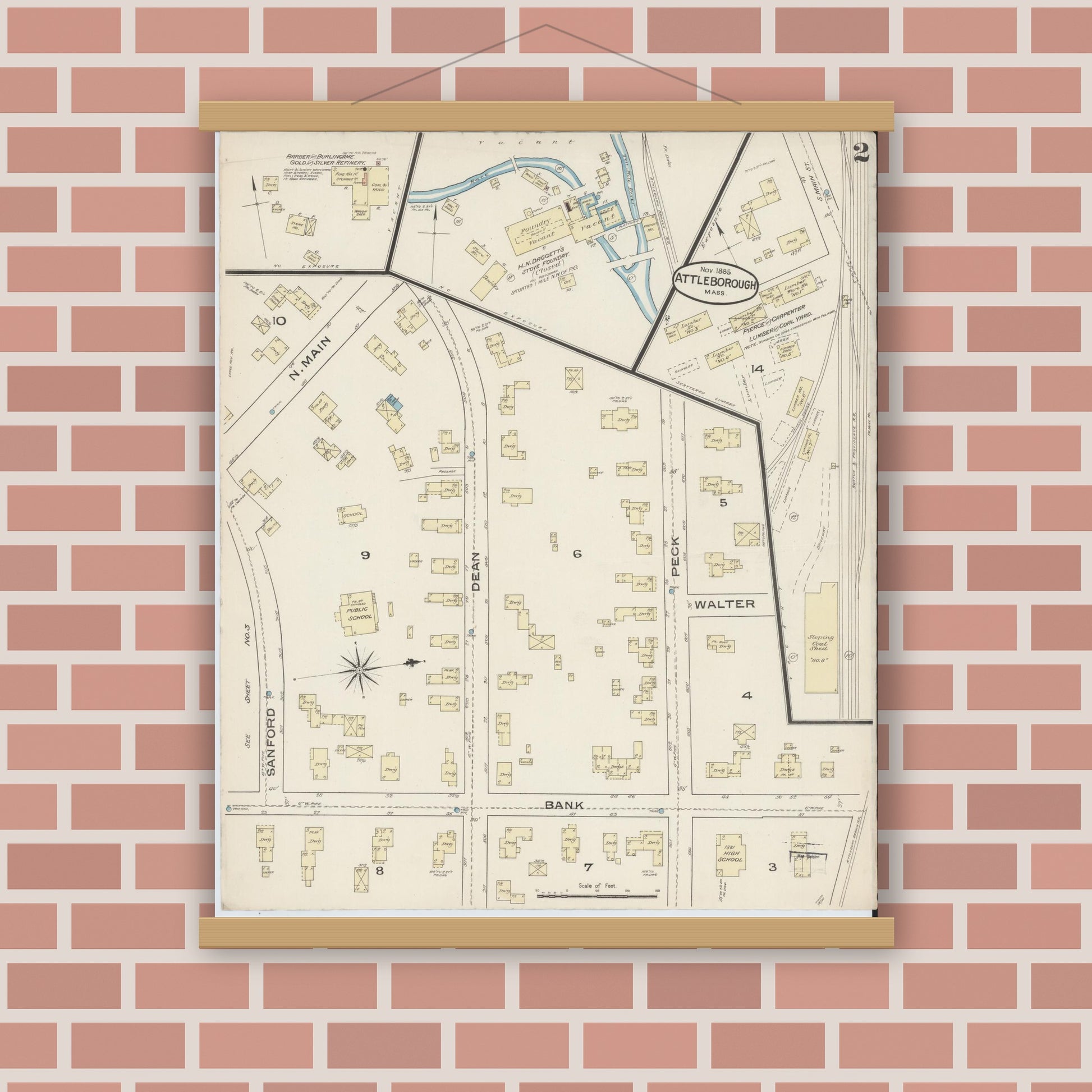 Old map wall art mockup — magnetic wood frame on brick wall — Sanborn Fire Insurance Map from Attleboro, Bristol County, Massachusetts (1885), Sheet #0002