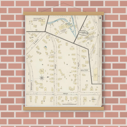 Old map wall art mockup — magnetic wood frame on brick wall — Sanborn Fire Insurance Map from Attleboro, Bristol County, Massachusetts (1885), Sheet #0002